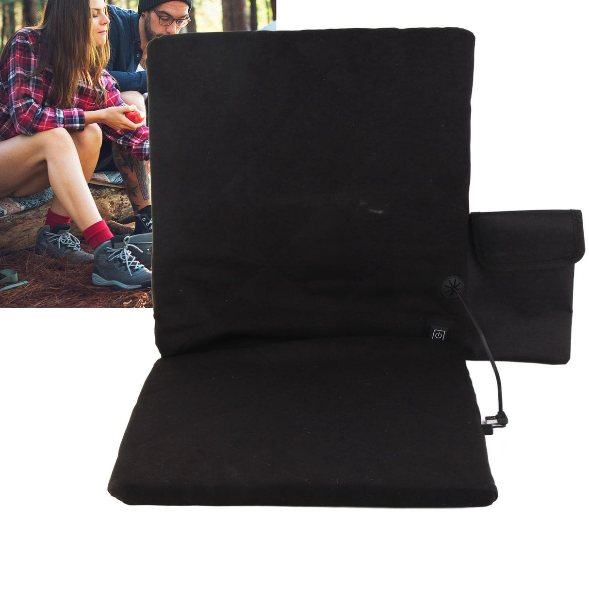 Edith Heated Seat Cushion, Foldable Stadium Pad with Backrest, 3 Heat Levels, Black