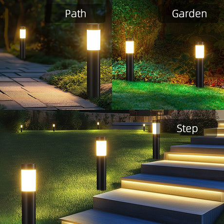 Black solar pathway light in garden