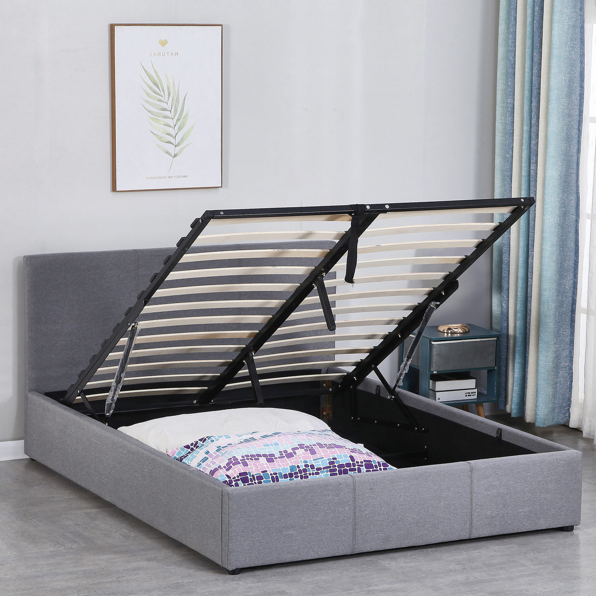 Milano Luxury Gas Lift Bed Frame Base And Headboard With Storage - Double - Grey