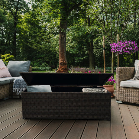 Arcadia Outdoor Rattan Storage Box — Steel Frame, UV-Resistant Wicker, Black — Allure Home Collections