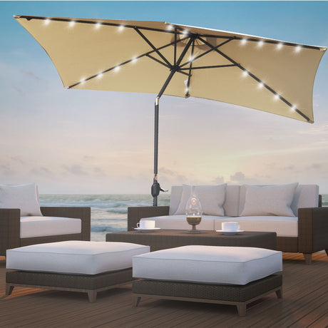 Beige garden umbrella shown fully open from the front