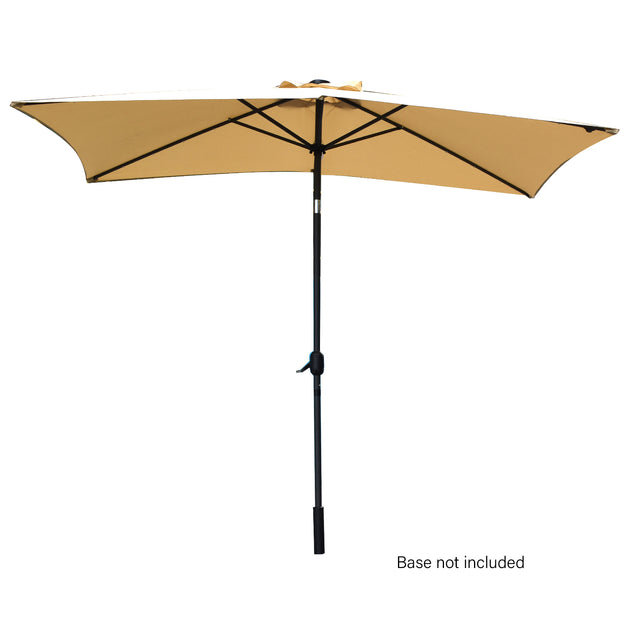 Beige 3 m outdoor umbrella with dark grey steel pole open in a garden