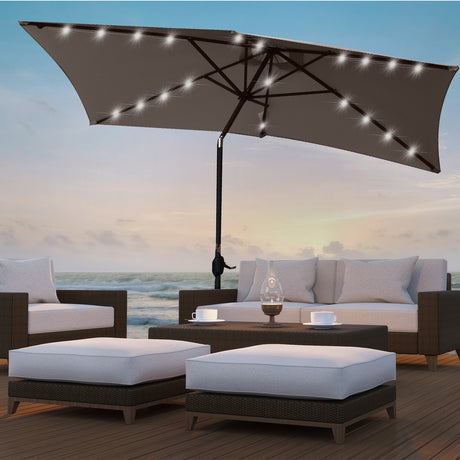 Charcoal garden umbrella shown fully open from the front