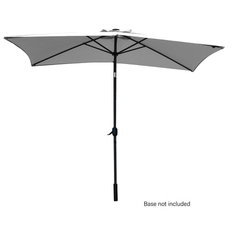 Grey 3 m outdoor umbrella with dark grey steel pole open in a garden