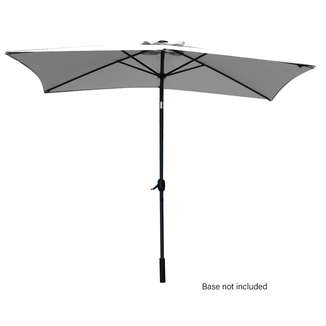 Grey 3 m outdoor umbrella with dark grey steel pole open in a garden