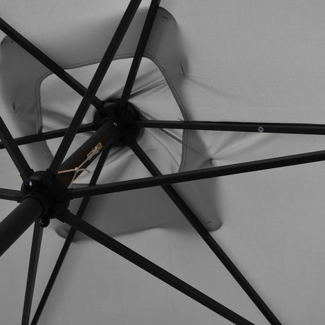 Solar LED lights glowing under the umbrella canopy at night