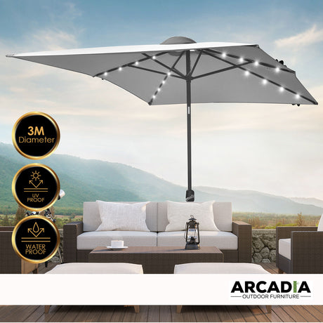Grey umbrella shading an outdoor table setting on a patio