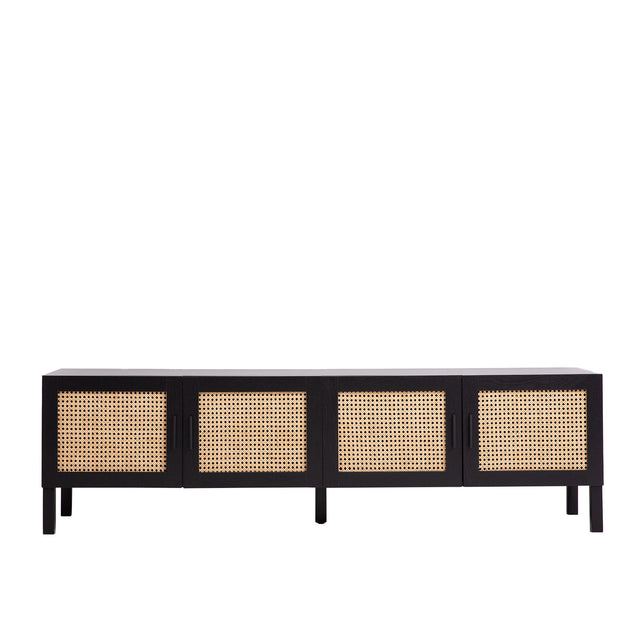 Port Arthur black rattan entertainment unit in a modern living room