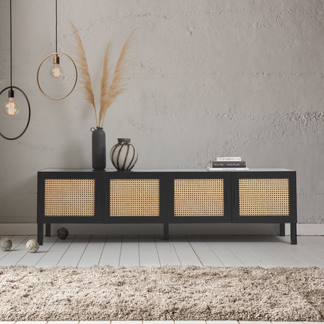 Port Arthur black rattan entertainment unit with double door cabinets