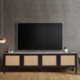 Port Arthur black rattan TV cabinet showing woven rattan door fronts
