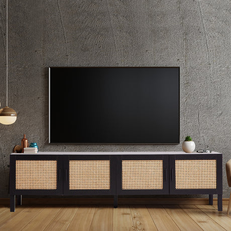 Port Arthur black rattan TV cabinet showing woven rattan door fronts