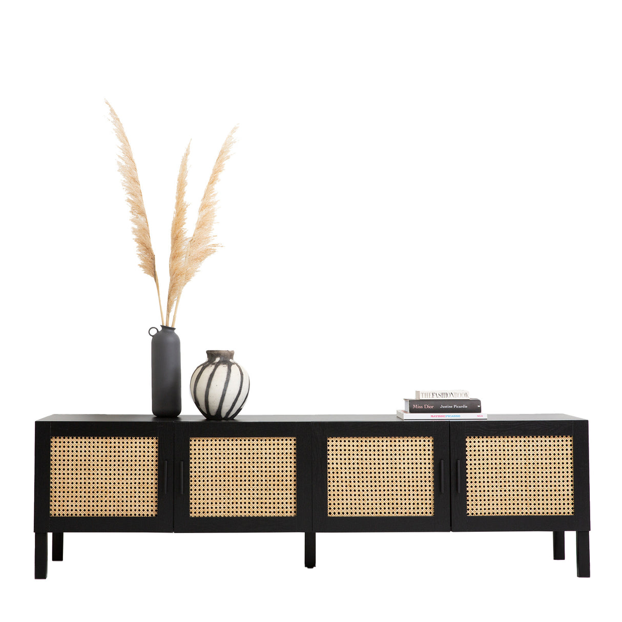 Port Arthur black rattan entertainment unit with open cabinet and adjustable shelving
