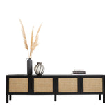 Port Arthur black rattan entertainment unit with open cabinet and adjustable shelving
