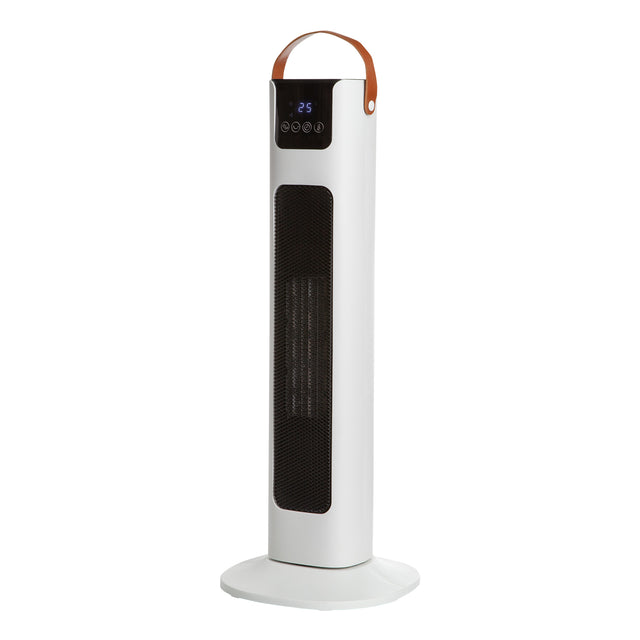 White oscillating ceramic tower heater with touch screen display