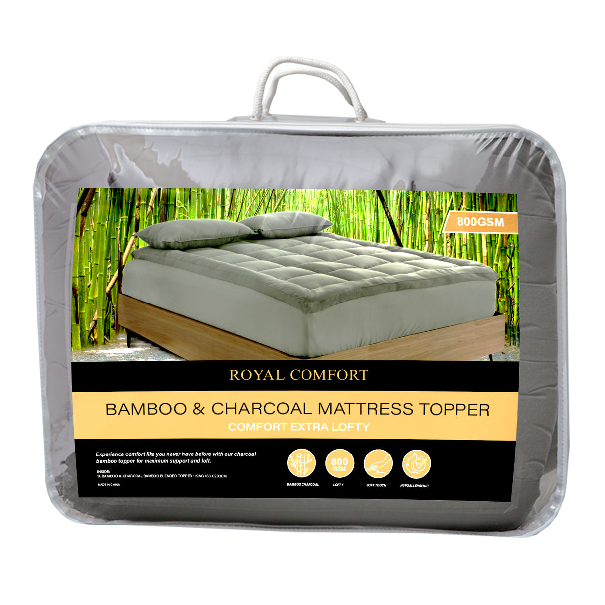 Royal Comfort 800GSM Charcoal Bamboo Blend Mattress Topper — Single, 45cm Skirt — Allure Home Collections