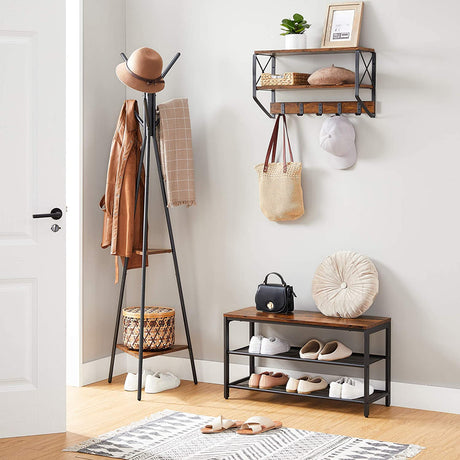 Black industrial coat rack stand with two shelves
