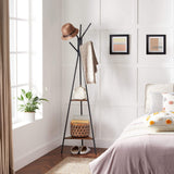 Black industrial coat rack stand with two shelves