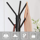 Black industrial coat rack stand with two shelves