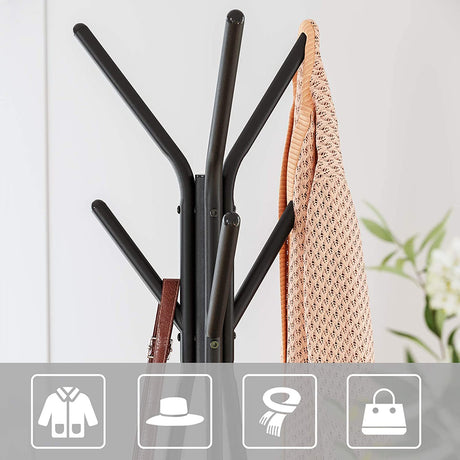 Black industrial coat rack stand with two shelves