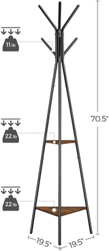 Black industrial coat rack stand with two shelves