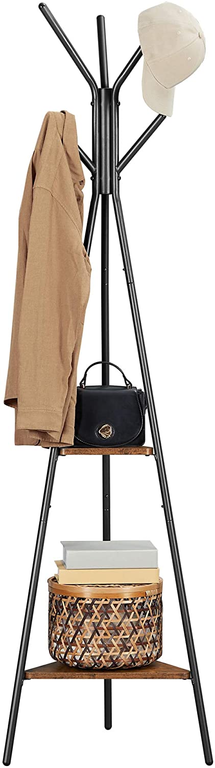 Black industrial coat rack stand with two shelves