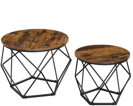Set Of 2 Side Tables Steel Frame Rustic Brown And Black