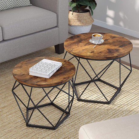 Set Of 2 Side Tables Steel Frame Rustic Brown And Black
