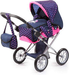 Convertible doll's pram and pushchair in blue and pink polka dot