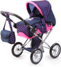 Convertible doll's pram and pushchair in blue and pink polka dot