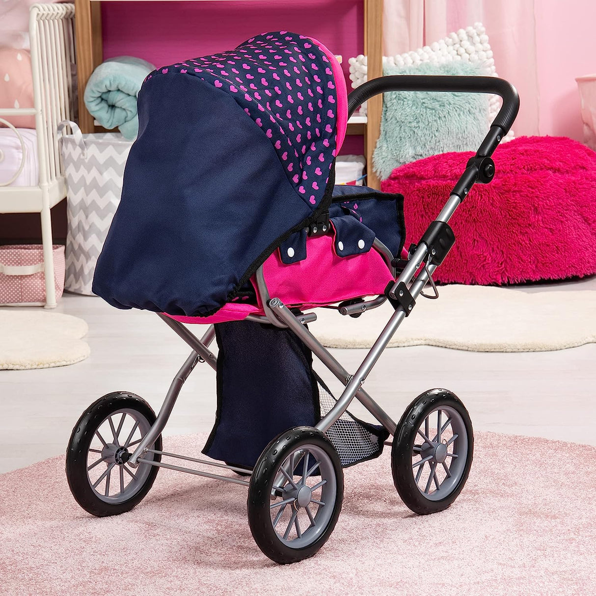 Convertible doll's pram and pushchair in blue and pink polka dot