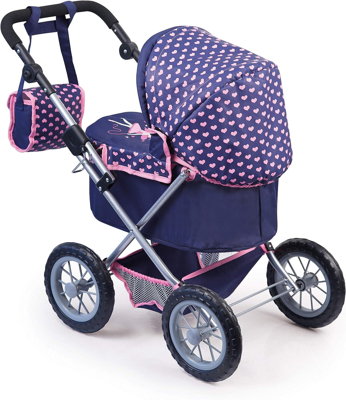 Foldable doll's pram in blue and pink