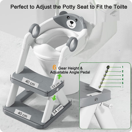 Grey toddler potty training toilet seat with ladder and step stool