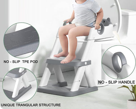 Grey toddler potty training toilet seat with ladder and step stool