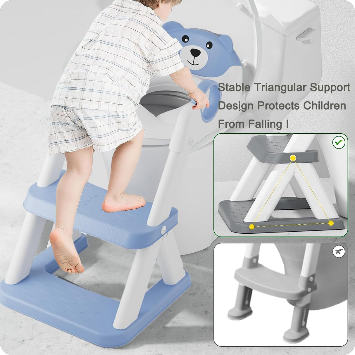 Blue toddler potty training toilet seat with ladder and step stool