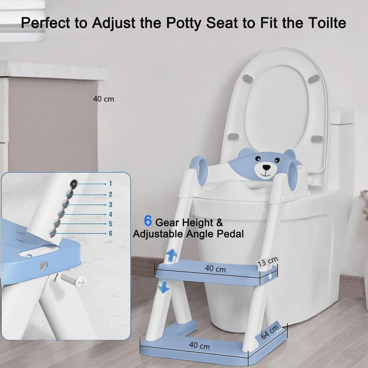 Blue toddler potty training toilet seat with ladder and step stool