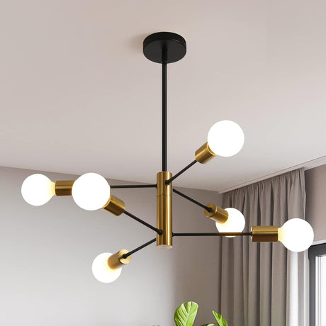 Six light Sputnik chandelier in black and gold