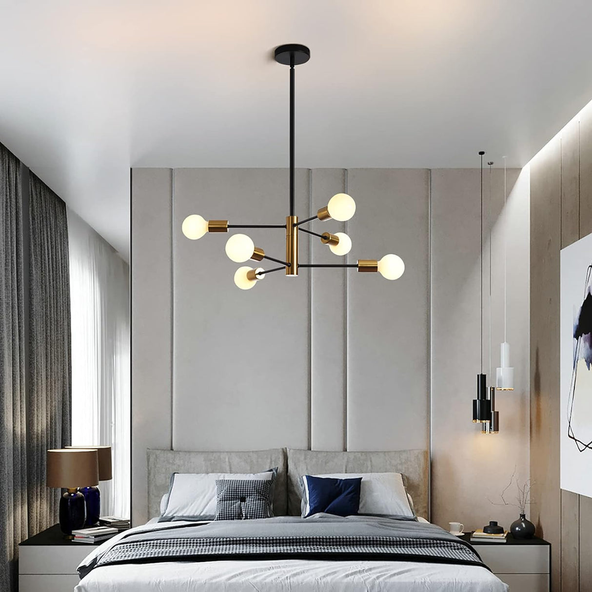 Six light Sputnik chandelier in black and gold