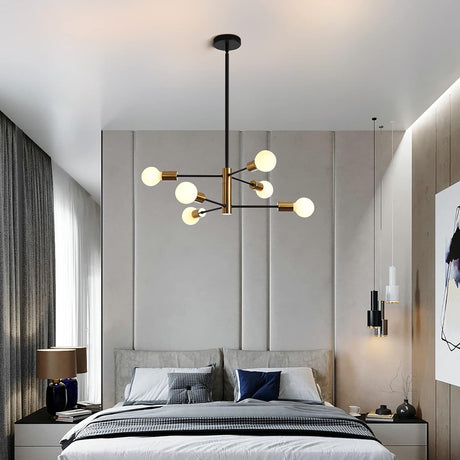 Six light Sputnik chandelier in black and gold