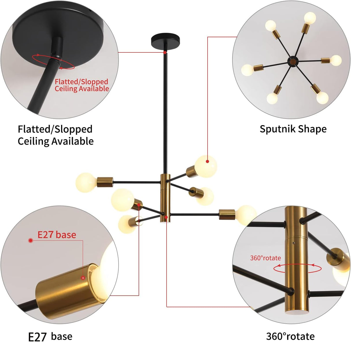 Six light Sputnik chandelier in black and gold