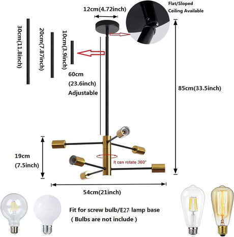 Six light Sputnik chandelier in black and gold
