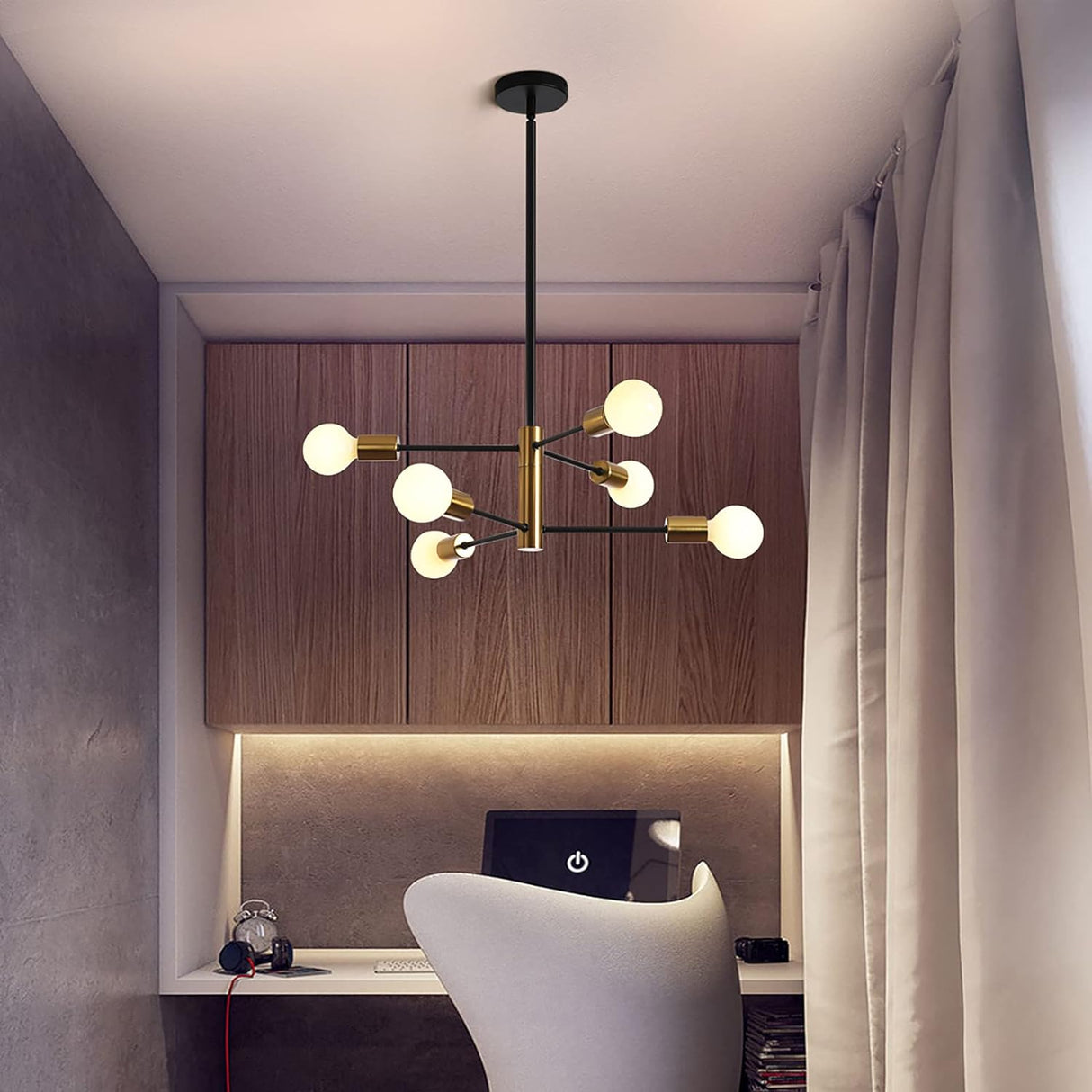 Six light Sputnik chandelier in black and gold