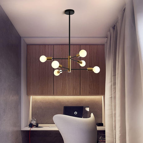 Six light Sputnik chandelier in black and gold