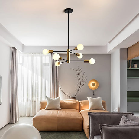 Six light Sputnik chandelier in black and gold