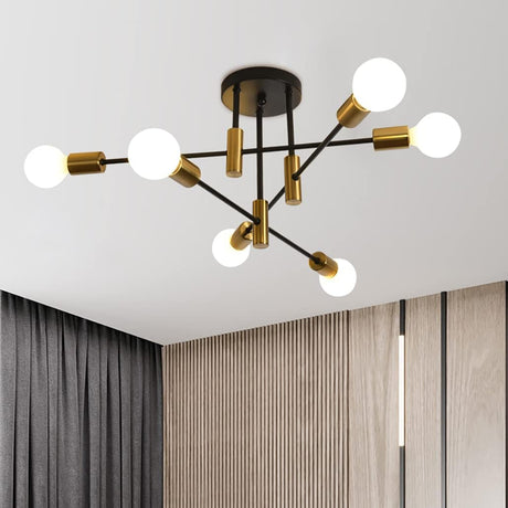 Six light mid century Sputnik chandelier in black and gold