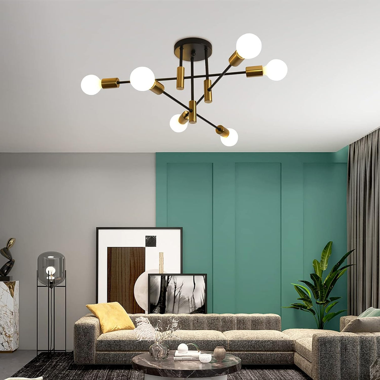 Six light mid century Sputnik chandelier in black and gold