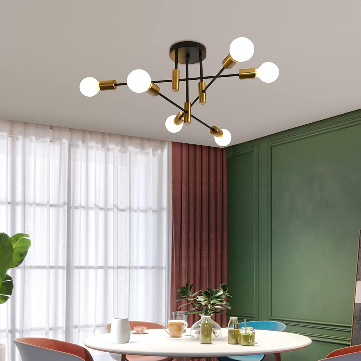 Six light mid century Sputnik chandelier in black and gold