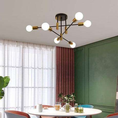 Six light mid century Sputnik chandelier in black and gold