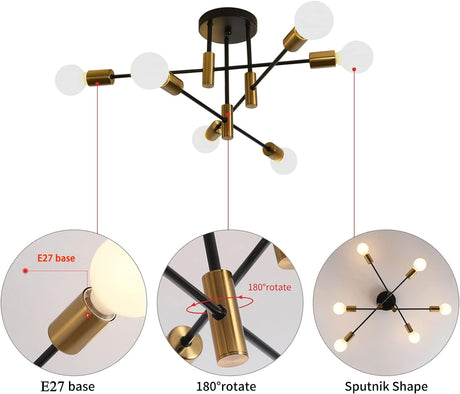 Six light mid century Sputnik chandelier in black and gold