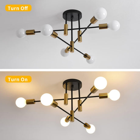Six light mid century Sputnik chandelier in black and gold