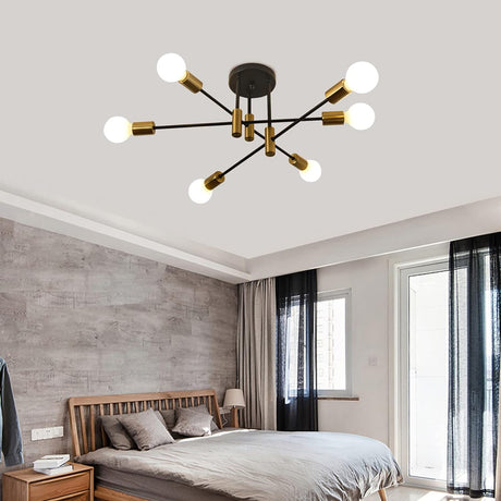 Six light mid century Sputnik chandelier in black and gold